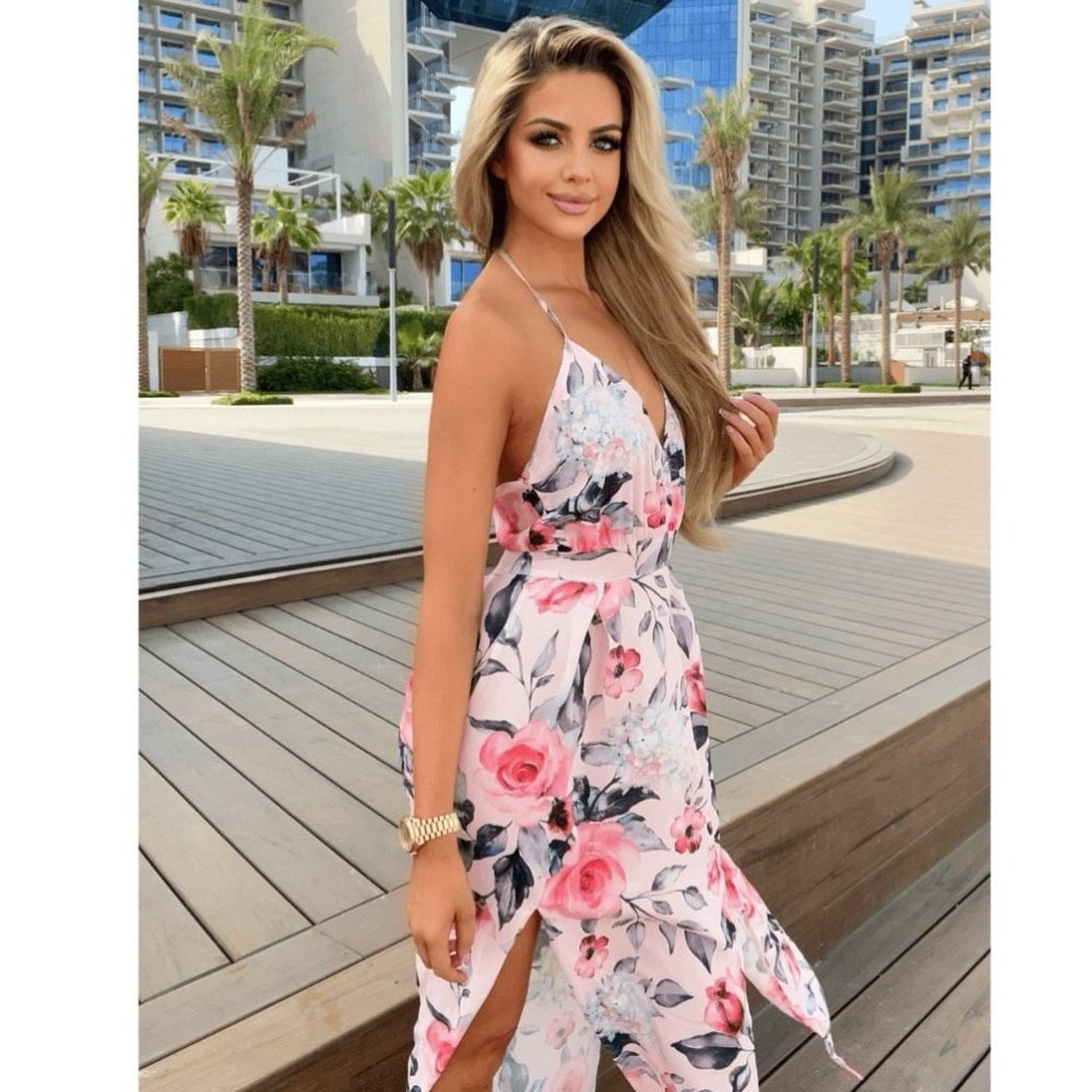 Pink Floral Print Sleeveless Halter Neck V-Neck Backless Front Slit Maxi Dress - Picture 5 of 8
